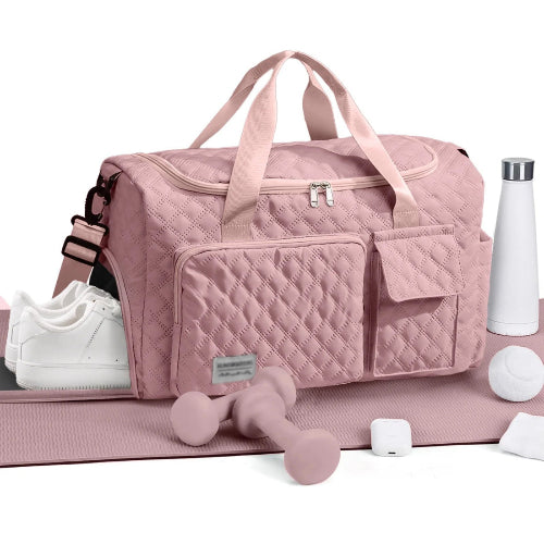 Travel Duffle Bag for Women Men, Weekender Bags Carry on Gym Bag with Wet Pocket/Adjustable Strap/Shoe Compartment, Foldable Waterproof Overnight Tote Bag for Plane Sports Dance, Pink